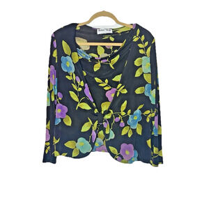 Vintage 2 Piece Set Ronni Nicole Medium Black Floral Cardigan & Top Cottage Core